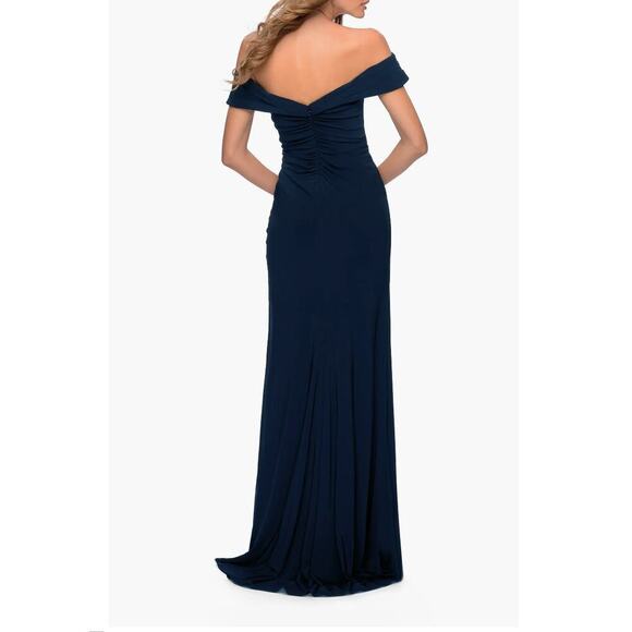 La Femme sz 16 navy blue off shoulder gown NWT - Picture 2 of 13